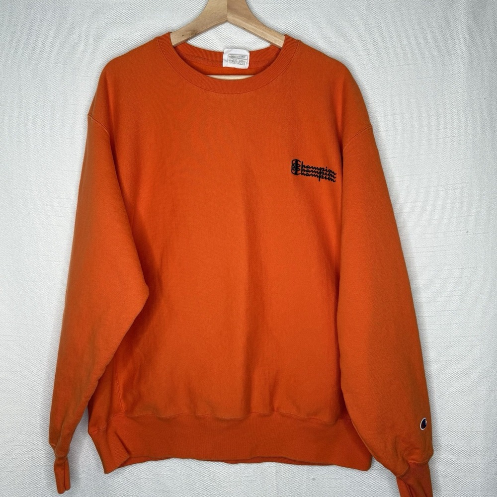 Champion Reverse Weave Orange Crewneck Sweatshirt Mens XL Triple Logo Oversized